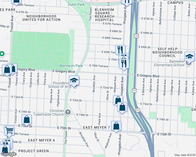 map of restaurants, bars, coffee shops, grocery stores, and more near 7125 Brooklyn Avenue in Kansas City