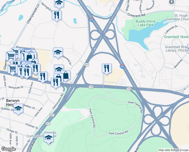 map of restaurants, bars, coffee shops, grocery stores, and more near 6301 Golden Triangle Drive in Greenbelt