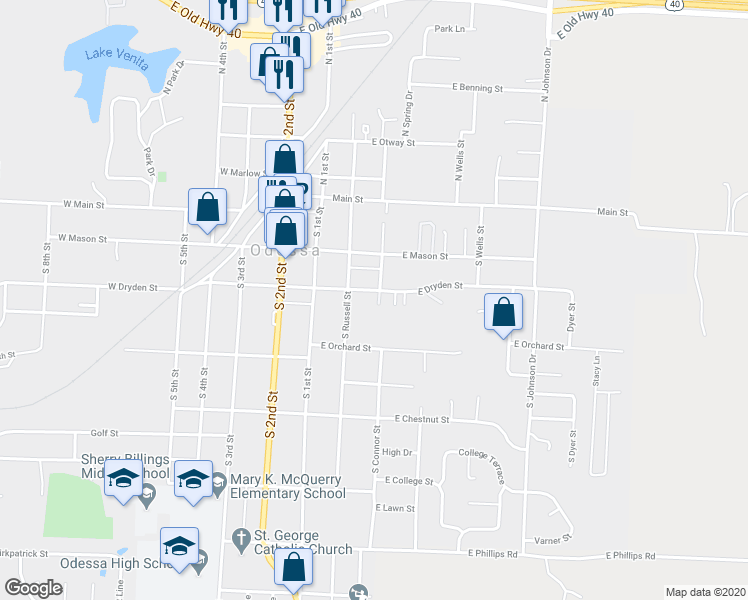 map of restaurants, bars, coffee shops, grocery stores, and more near 210 East Dryden Street in Odessa