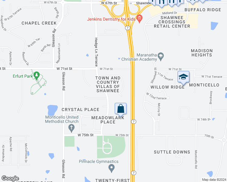 map of restaurants, bars, coffee shops, grocery stores, and more near 7148 Meadow View Street in Shawnee