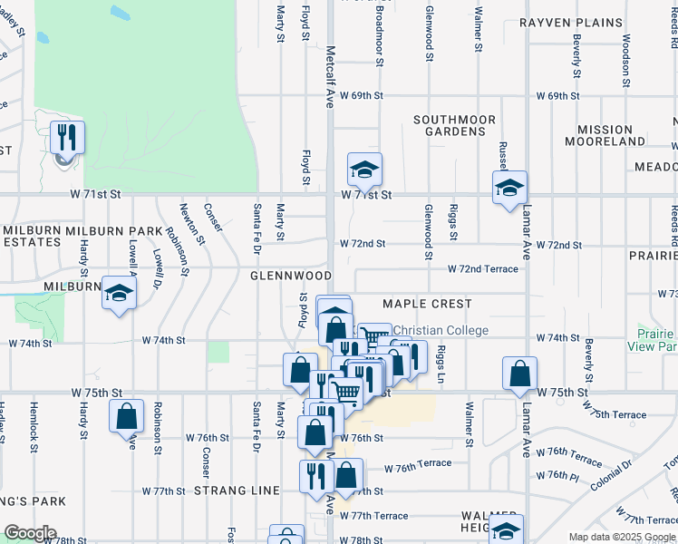 map of restaurants, bars, coffee shops, grocery stores, and more near 7242 Metcalf Avenue in Overland Park