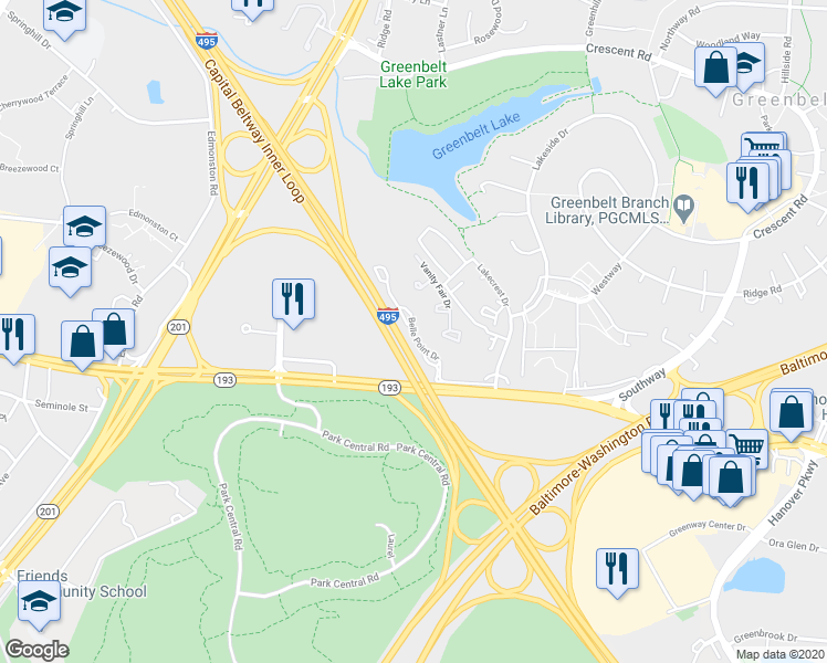 map of restaurants, bars, coffee shops, grocery stores, and more near 7841 Belle Point Drive in Greenbelt