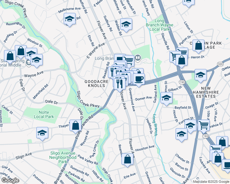 map of restaurants, bars, coffee shops, grocery stores, and more near 8423 Piney Branch Road in Takoma Park