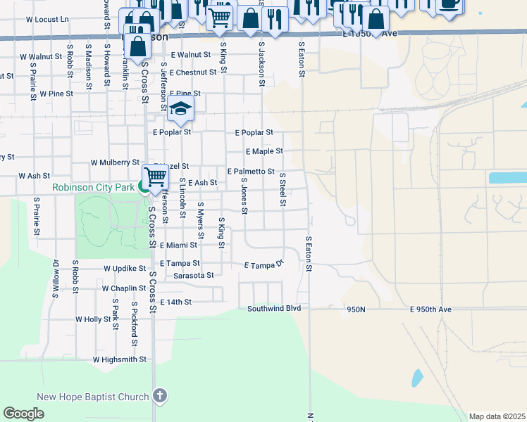 map of restaurants, bars, coffee shops, grocery stores, and more near 1100 South Jackson Street in Robinson