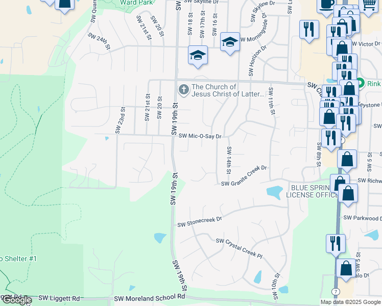 map of restaurants, bars, coffee shops, grocery stores, and more near 1901 Southwest Rock Creek Court in Blue Springs