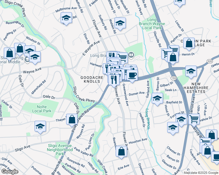 map of restaurants, bars, coffee shops, grocery stores, and more near 8423 Piney Branch Road in Takoma Park