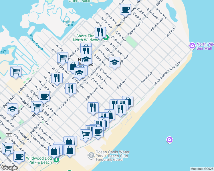 map of restaurants, bars, coffee shops, grocery stores, and more near 324 East 15th Avenue in North Wildwood