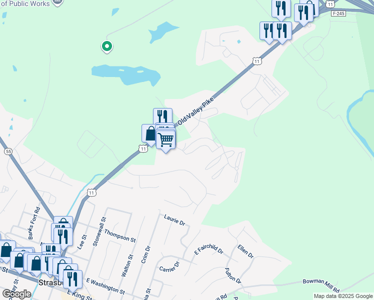 map of restaurants, bars, coffee shops, grocery stores, and more near 205 Hailey Lane in Strasburg