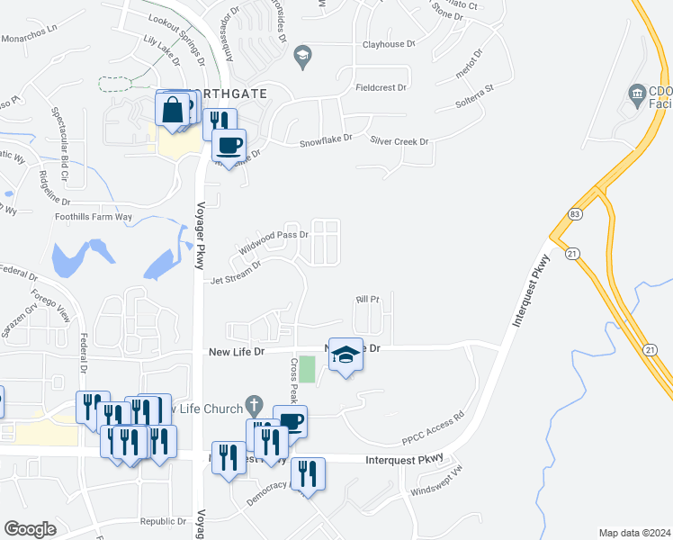map of restaurants, bars, coffee shops, grocery stores, and more near 2223 Shady Aspen Drive in Colorado Springs