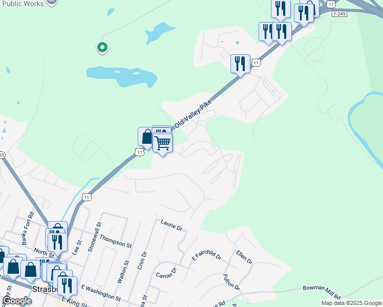 map of restaurants, bars, coffee shops, grocery stores, and more near 185 Hailey Lane in Strasburg