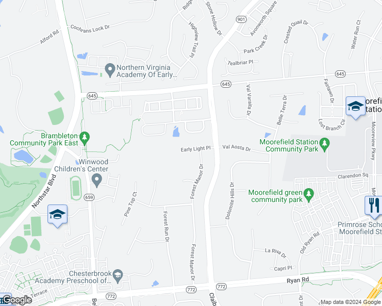 map of restaurants, bars, coffee shops, grocery stores, and more near 42837 Early Light Place in Ashburn