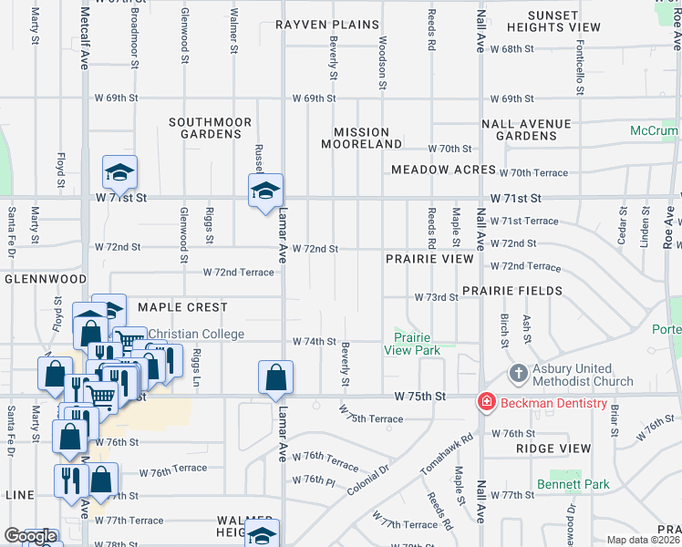 map of restaurants, bars, coffee shops, grocery stores, and more near 7244 Beverly Street in Overland Park