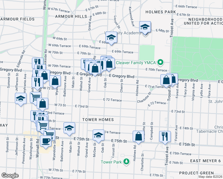 map of restaurants, bars, coffee shops, grocery stores, and more near 415 East 72nd Street in Kansas City