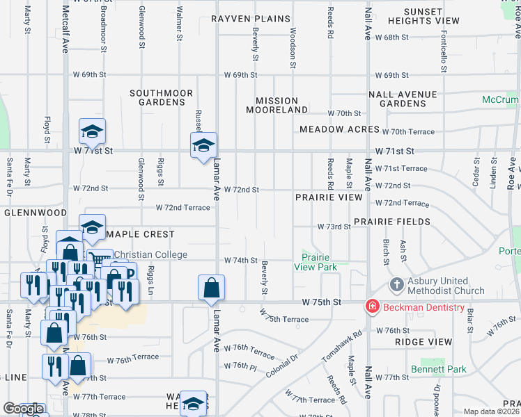 map of restaurants, bars, coffee shops, grocery stores, and more near 7244 Beverly Street in Overland Park