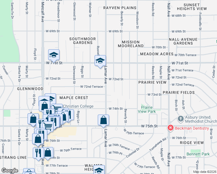 map of restaurants, bars, coffee shops, grocery stores, and more near 7240 Horton Street in Overland Park