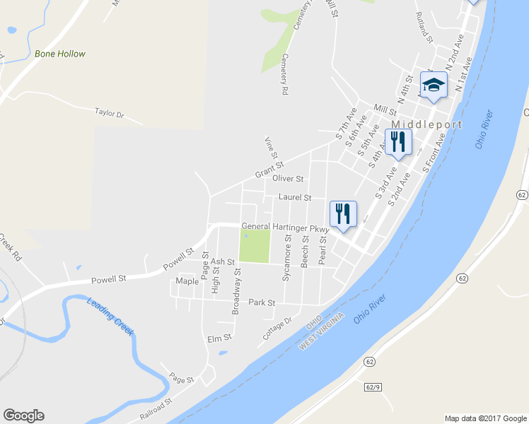 map of restaurants, bars, coffee shops, grocery stores, and more near 2 Peach Circle Drive in Middleport