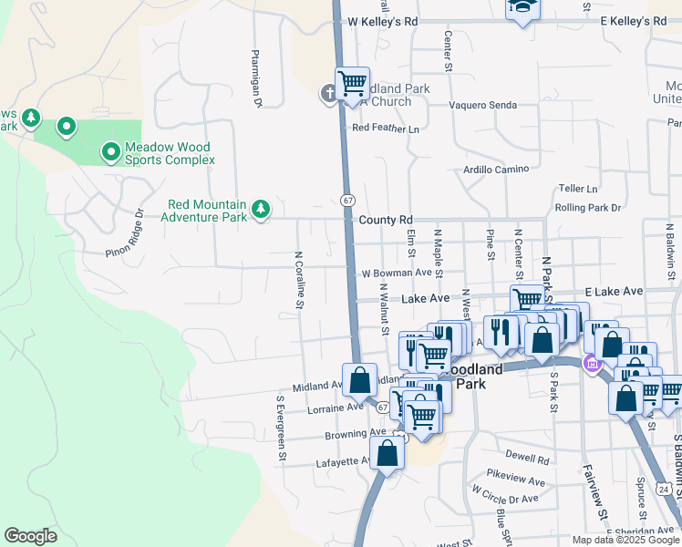 map of restaurants, bars, coffee shops, grocery stores, and more near 414 Colorado 67 in Woodland Park