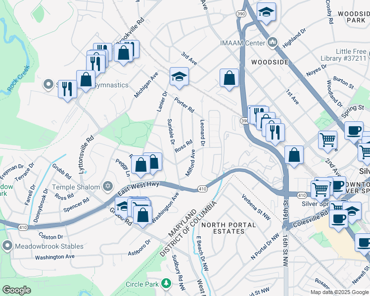 map of restaurants, bars, coffee shops, grocery stores, and more near 2106 Ross Road in Silver Spring