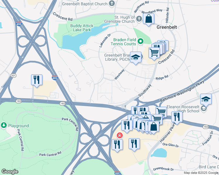 map of restaurants, bars, coffee shops, grocery stores, and more near 157 Westway Road in Greenbelt