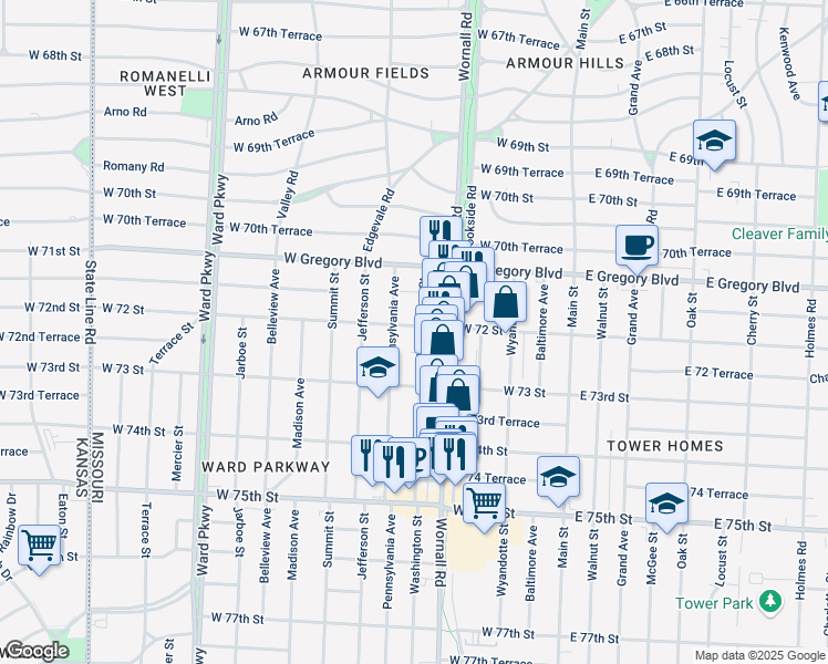 map of restaurants, bars, coffee shops, grocery stores, and more near 7225 Pennsylvania Avenue in Kansas City