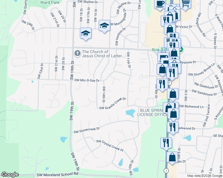 map of restaurants, bars, coffee shops, grocery stores, and more near 1304 Southwest Shawnee Street in Blue Springs