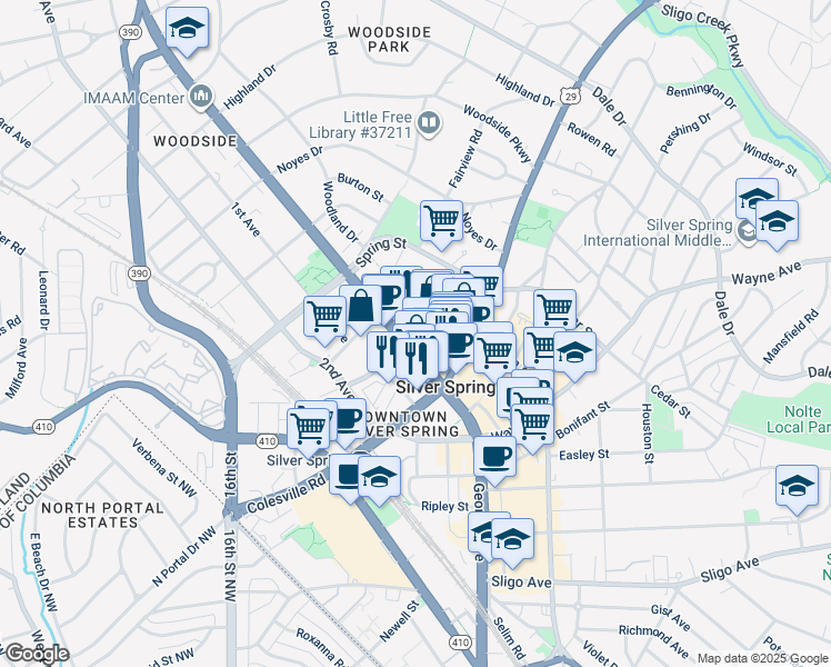 map of restaurants, bars, coffee shops, grocery stores, and more near 8605 Cameron Street in Silver Spring