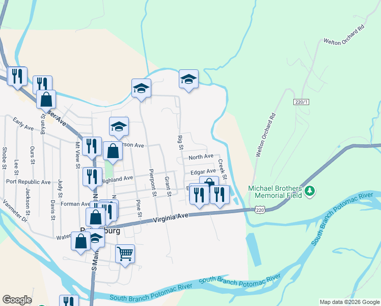 map of restaurants, bars, coffee shops, grocery stores, and more near 40 Ae Rumer Lane in Petersburg