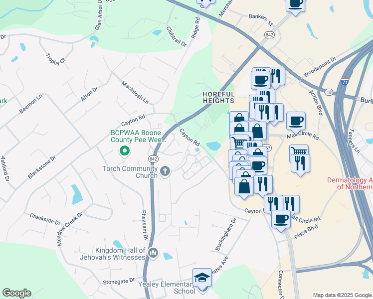 map of restaurants, bars, coffee shops, grocery stores, and more near 6431 Hopeful Road in Florence
