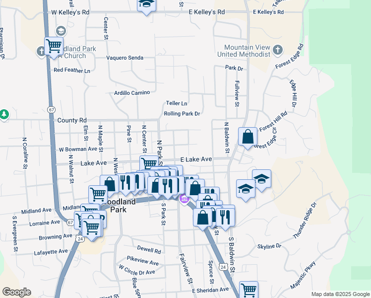 map of restaurants, bars, coffee shops, grocery stores, and more near 333 East Lake Avenue in Woodland Park