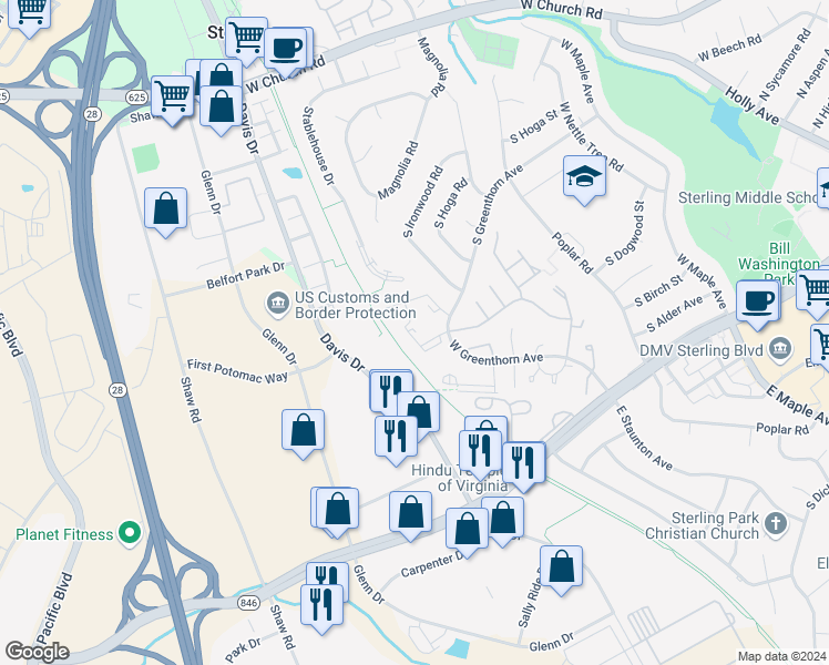 map of restaurants, bars, coffee shops, grocery stores, and more near 1034 Margate Court in Sterling