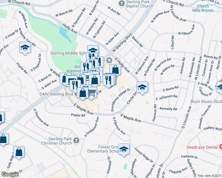 map of restaurants, bars, coffee shops, grocery stores, and more near 225 Coventry Square in Sterling