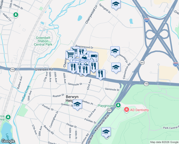 map of restaurants, bars, coffee shops, grocery stores, and more near 6002 Greenbelt Road in Greenbelt