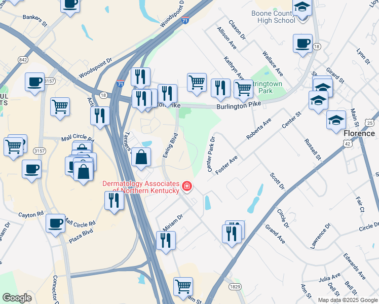 map of restaurants, bars, coffee shops, grocery stores, and more near 8020 Veterans Memorial Drive in Florence