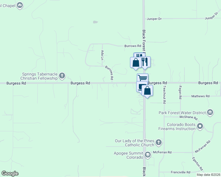 map of restaurants, bars, coffee shops, grocery stores, and more near 6515 Burgess Road in Colorado Springs