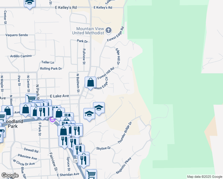 map of restaurants, bars, coffee shops, grocery stores, and more near 401 Mountain View Place in Woodland Park