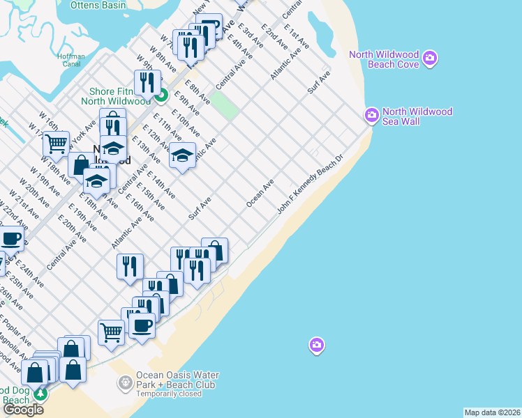map of restaurants, bars, coffee shops, grocery stores, and more near 1100 John F Kennedy Beach Drive in North Wildwood