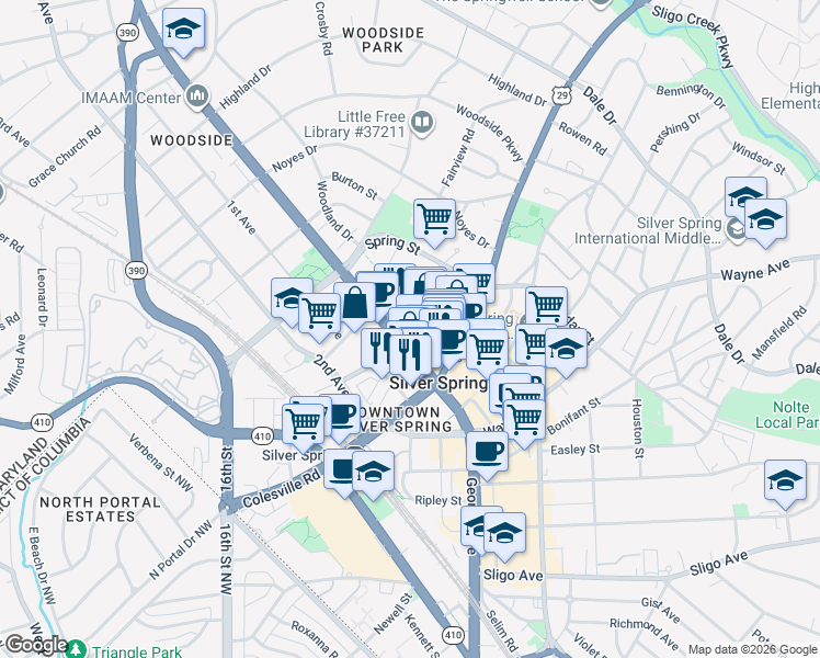 map of restaurants, bars, coffee shops, grocery stores, and more near 101 Independence Avenue Southeast in Washington