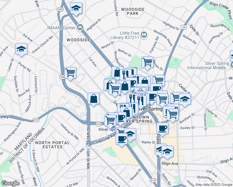 map of restaurants, bars, coffee shops, grocery stores, and more near 101 Independence Avenue Southeast in Washington
