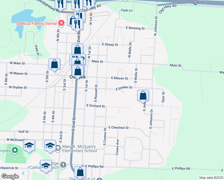 map of restaurants, bars, coffee shops, grocery stores, and more near 313 East Orchard Street in Odessa