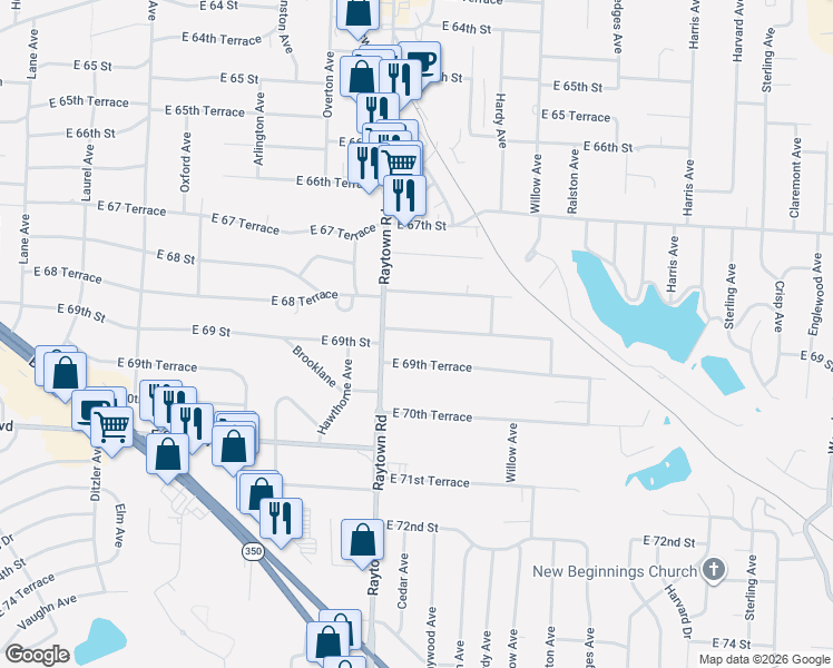map of restaurants, bars, coffee shops, grocery stores, and more near 10012 East 69th Terrace in Raytown