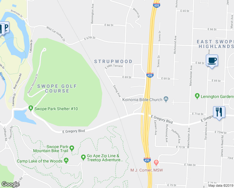 map of restaurants, bars, coffee shops, grocery stores, and more near 7012 Ewing Avenue in Kansas City