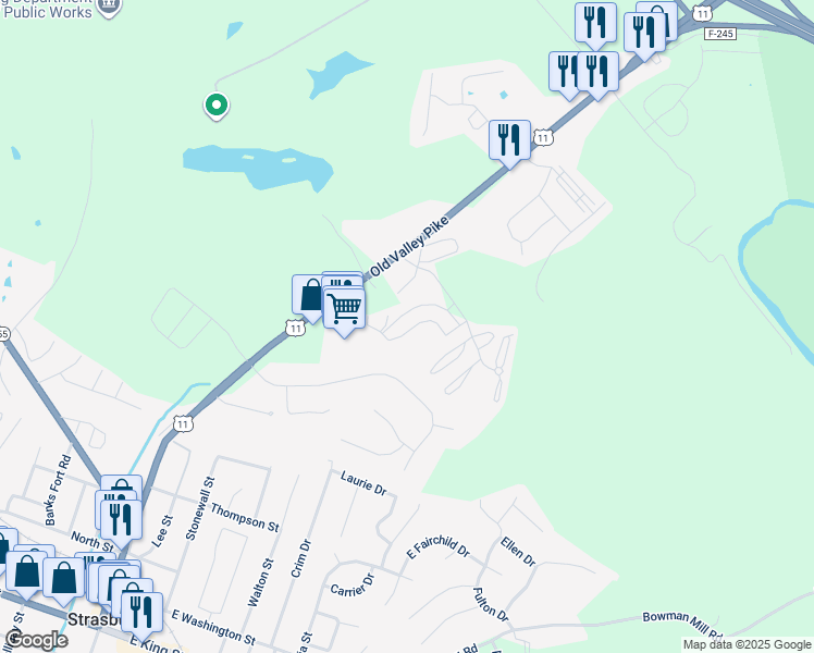 map of restaurants, bars, coffee shops, grocery stores, and more near 185 Hailey Lane in Strasburg