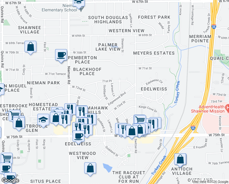 map of restaurants, bars, coffee shops, grocery stores, and more near 7115 Larsen Lane in Shawnee