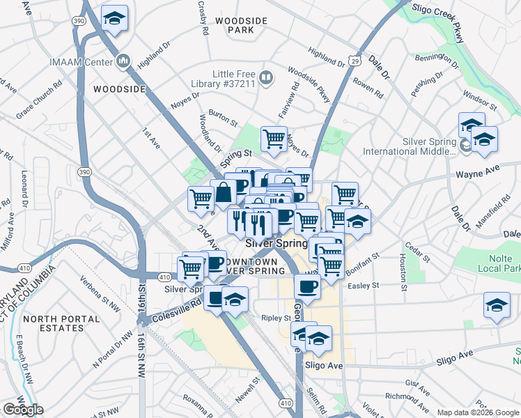 map of restaurants, bars, coffee shops, grocery stores, and more near 8605 Cameron Street in Silver Spring