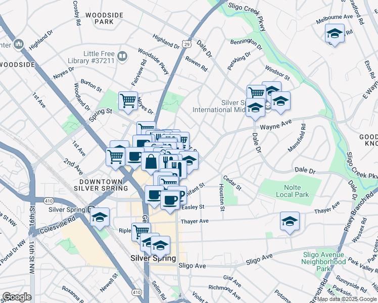map of restaurants, bars, coffee shops, grocery stores, and more near 804 Pershing Drive in Silver Spring