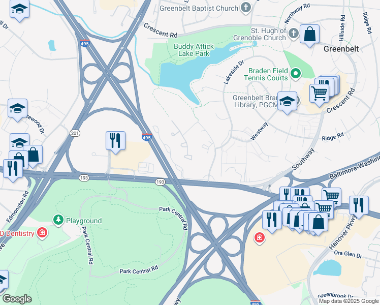 map of restaurants, bars, coffee shops, grocery stores, and more near 7827 Vanity Fair Drive in Greenbelt