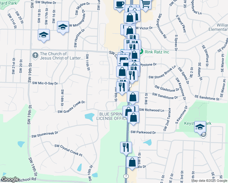 map of restaurants, bars, coffee shops, grocery stores, and more near 2105 Southwest 8th Street in Blue Springs