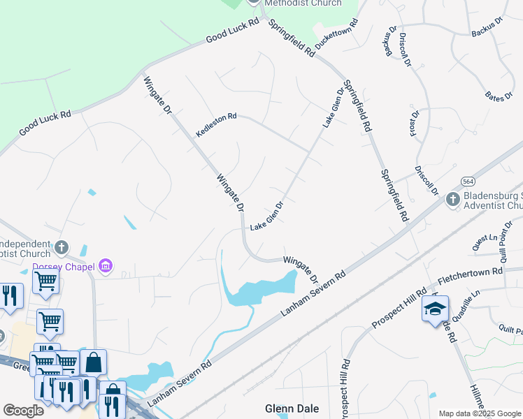 map of restaurants, bars, coffee shops, grocery stores, and more near 7604 Lake Glen Drive in Glenn Dale