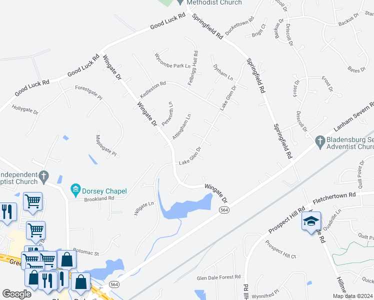 map of restaurants, bars, coffee shops, grocery stores, and more near 7604 Lake Glen Drive in Glenn Dale