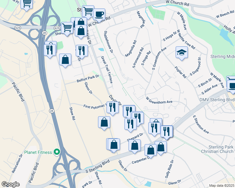 map of restaurants, bars, coffee shops, grocery stores, and more near 22370 Davis Drive in Sterling